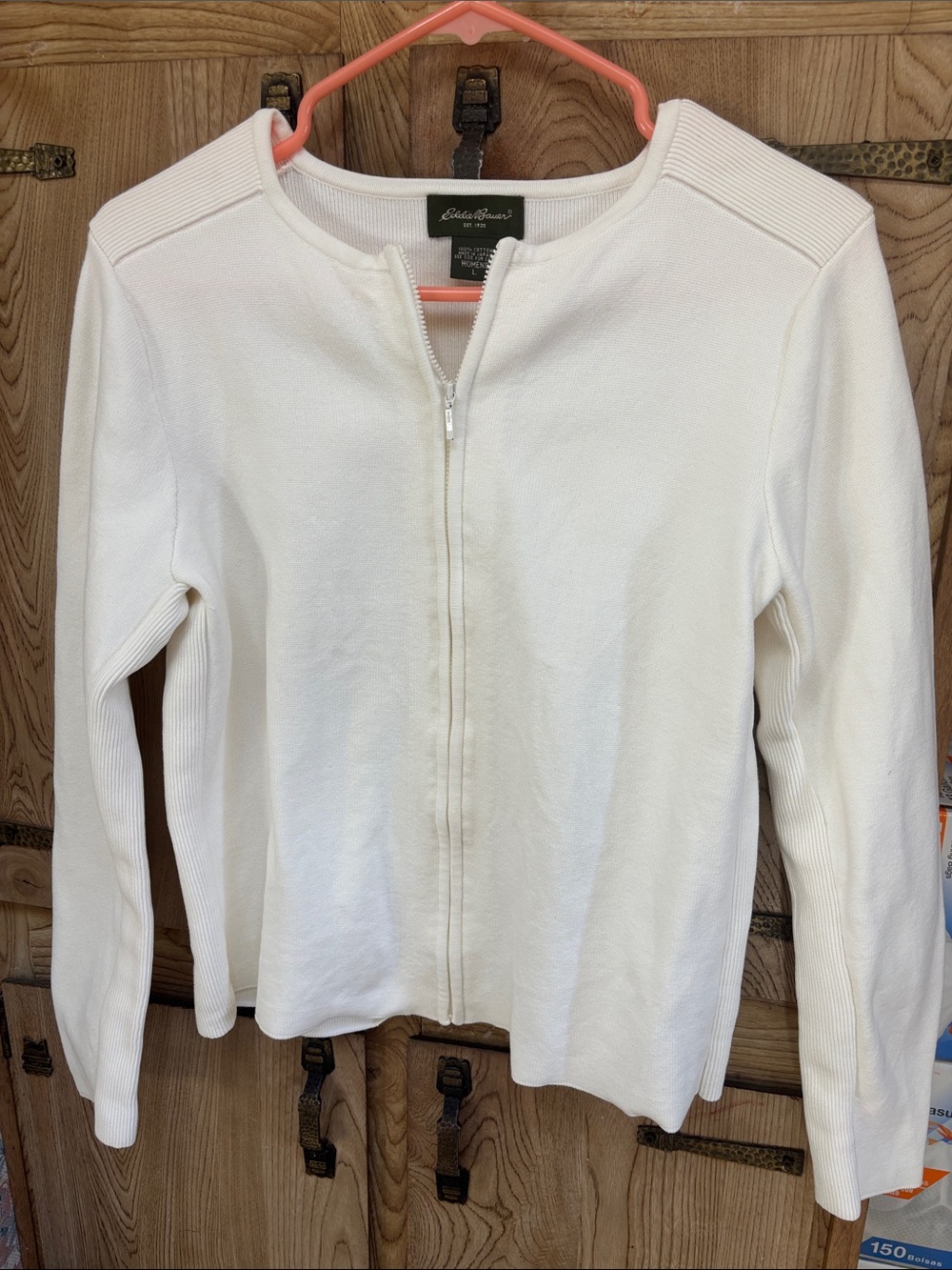 Eddie Bauer White full-zip knit cardigan womens size L 100%cotton